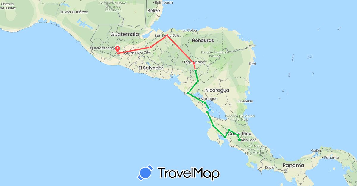 TravelMap itinerary: driving, bus, hiking, boat in Costa Rica, Guatemala, Honduras, Nicaragua (North America)